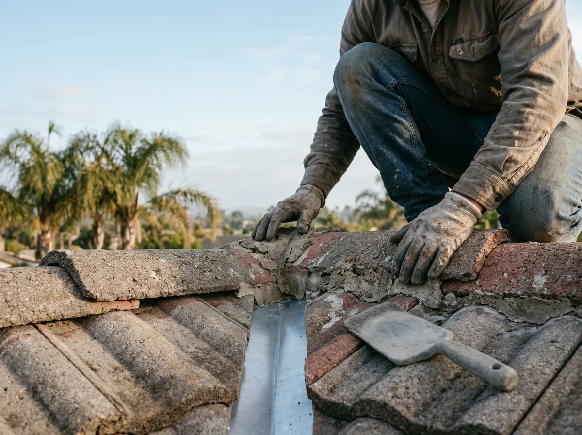 Roofer seen from the shoulders down checking a valley and ridge on a clean concrete tile roof under palm trees