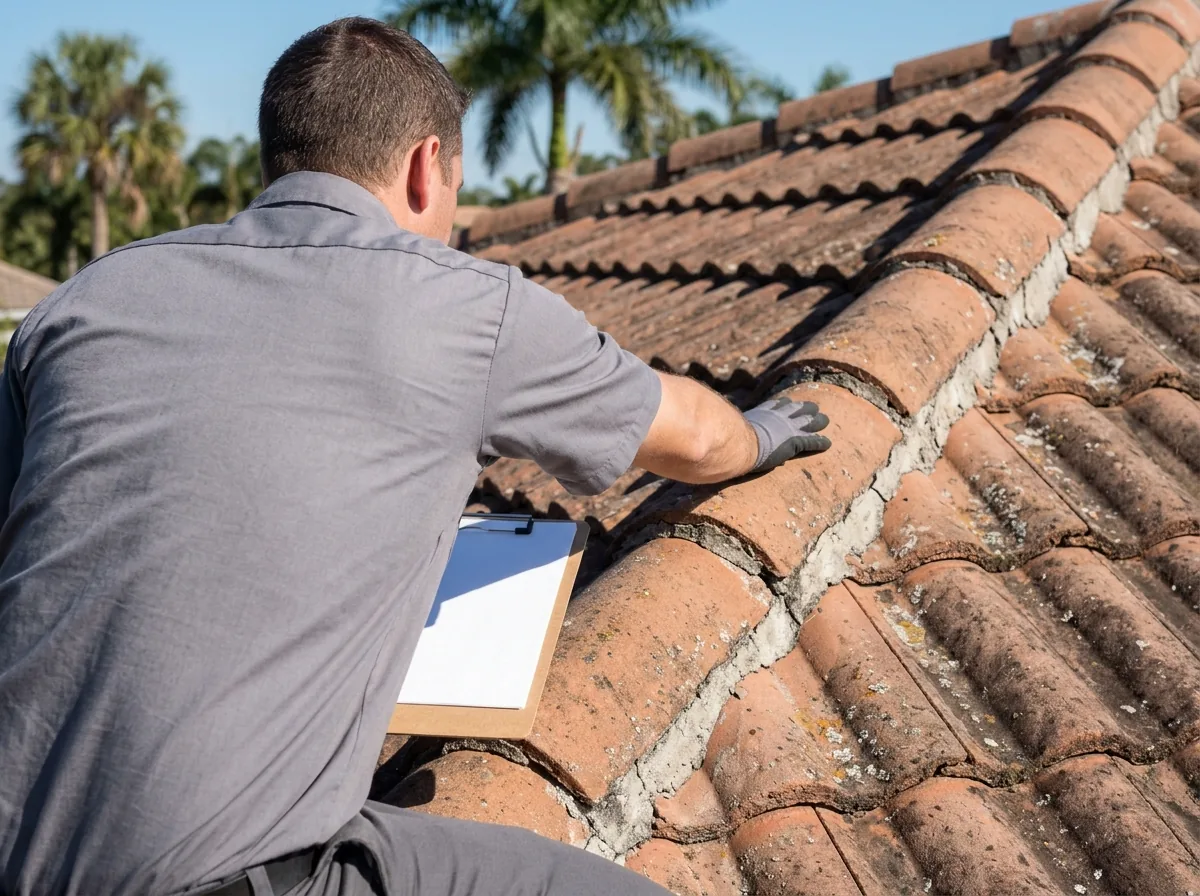 Inspector checking cracked mortar under the ridge caps of an aged concrete tile roof