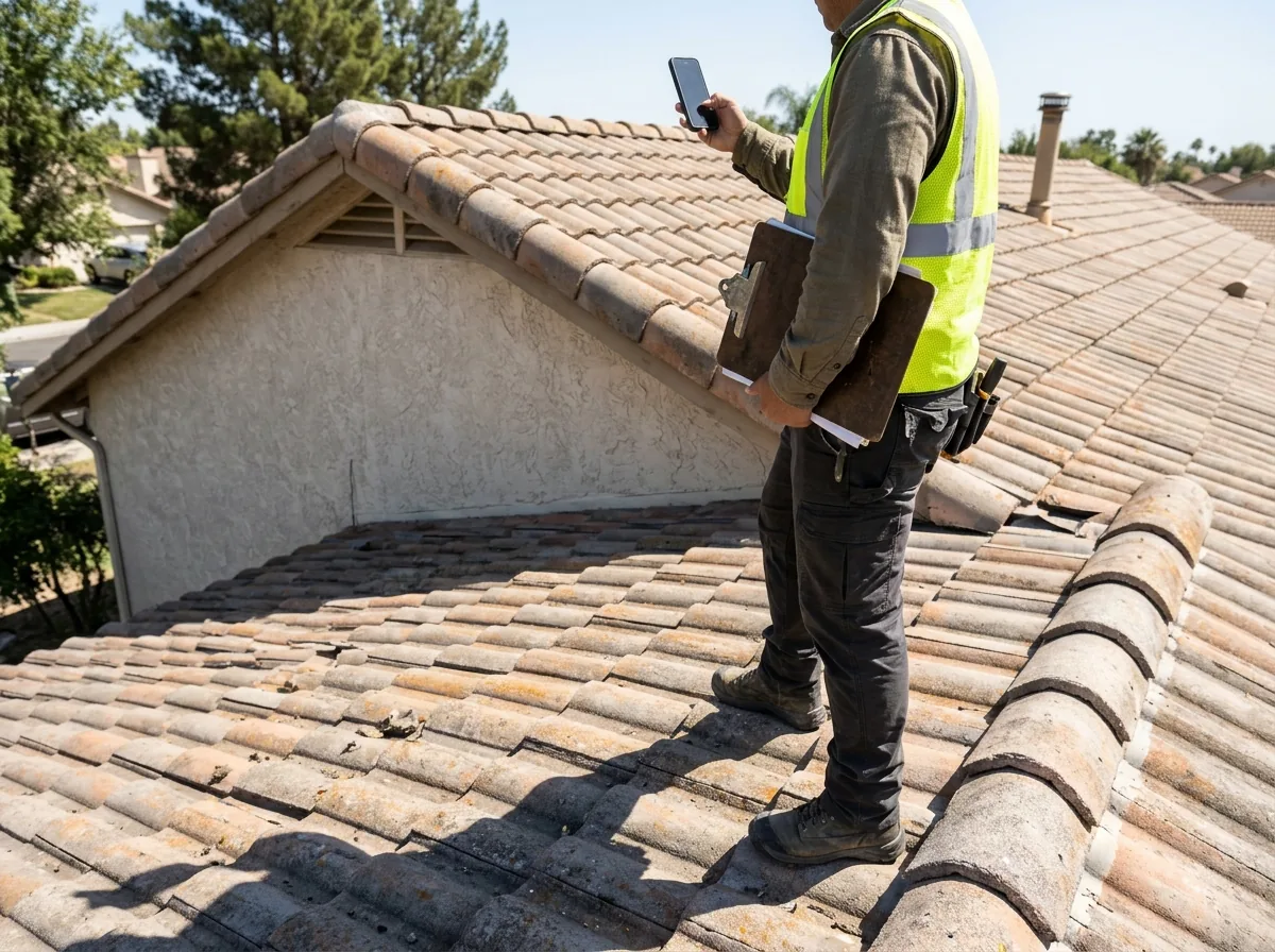Inspector seen from behind photographing a slope of weathered concrete S-tile with a clipboard under one arm