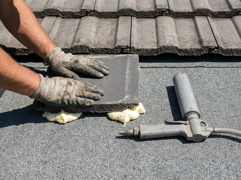 Gloved hands from the wrist down setting a concrete roof tile onto two fresh foam adhesive paddies on new underlayment