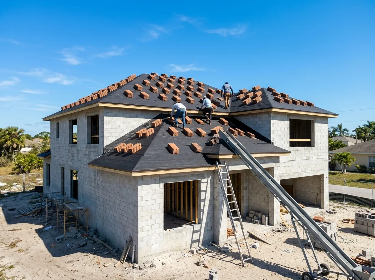 Pallets of concrete roof tiles loaded in small stacks across a newly dried-in roof on a two-story stucco home under construction