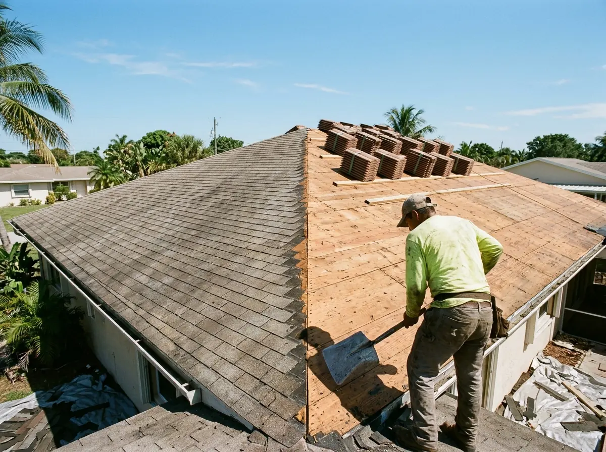 Asphalt shingles torn off one half of a hip roof down to plywood sheathing, stacks of new concrete tile waiting near the ridge