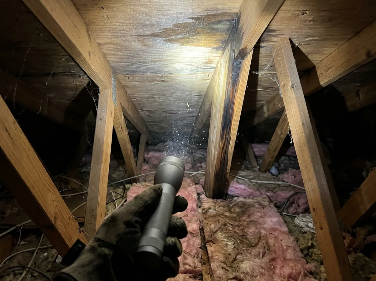 Flashlight beam in a dark attic showing a water stain running down a rafter from the underside of the roof deck