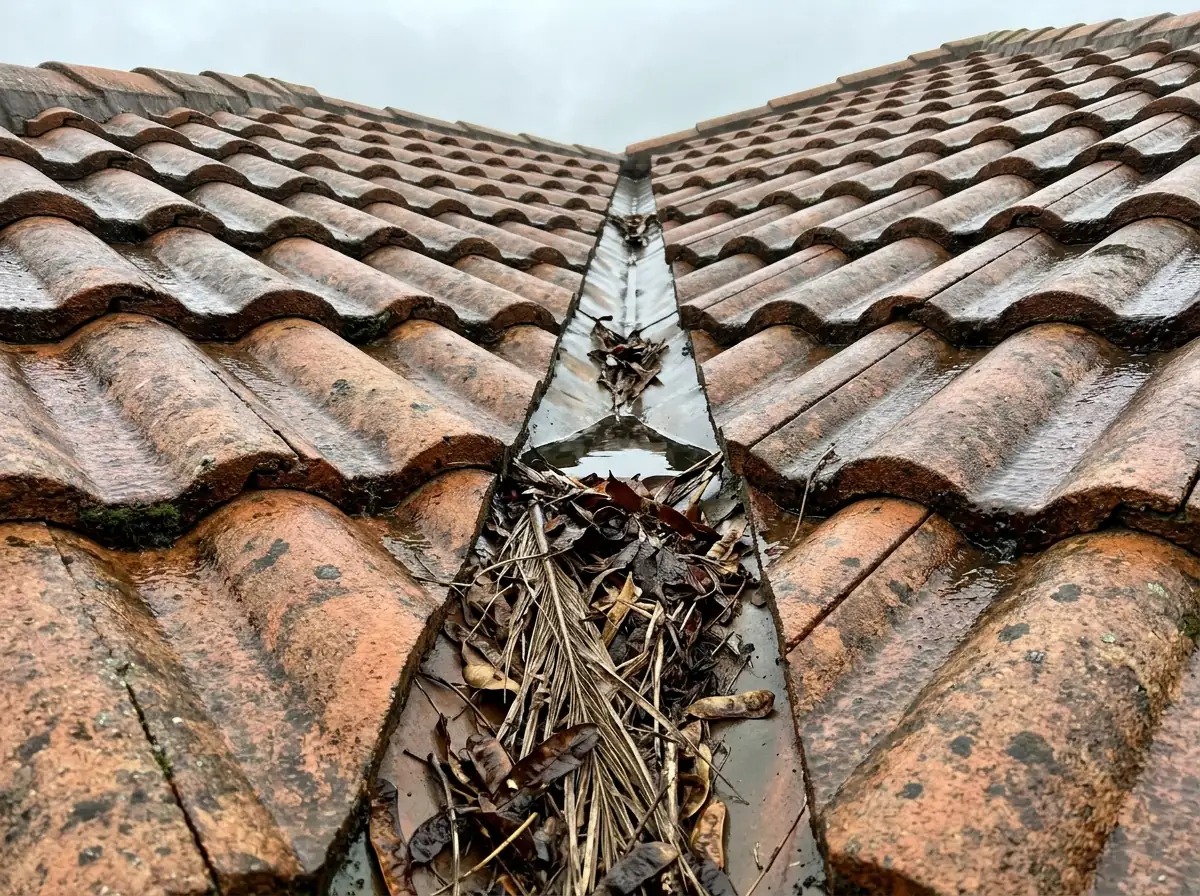 Roof valley between two tile slopes packed with leaves and palm debris, water backing up under the cut tiles