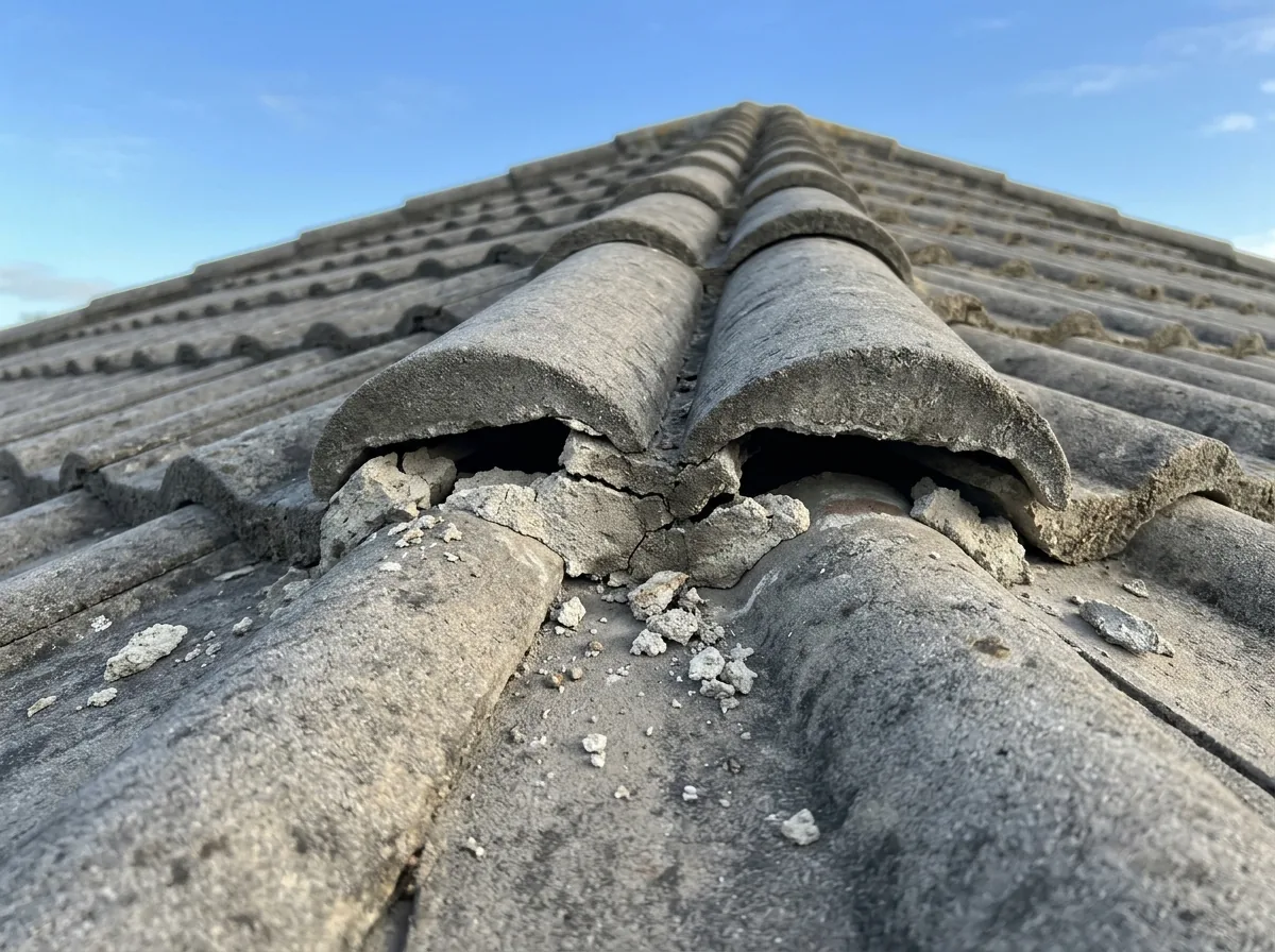 Close view of a mortared ridge on a concrete tile roof with cracked and missing mortar under two ridge caps