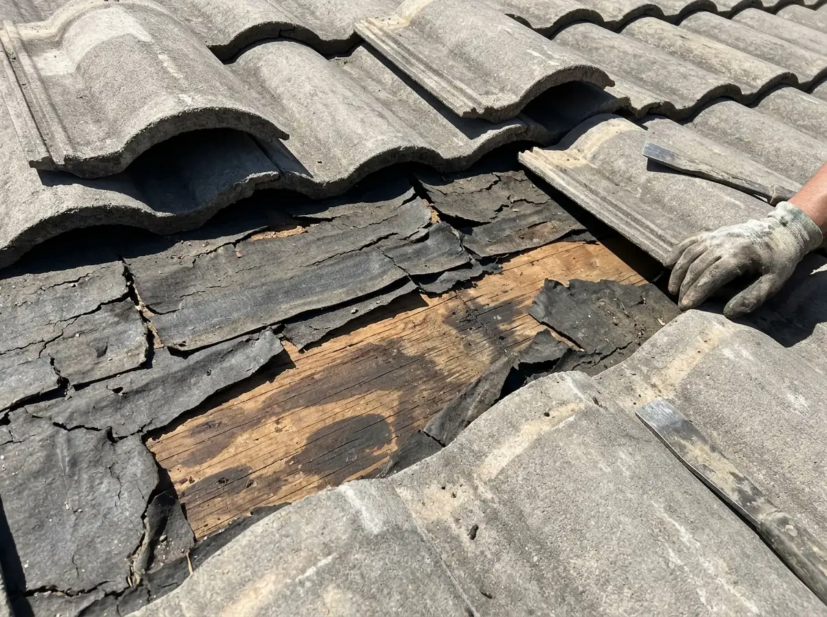 Several concrete S-tiles lifted to reveal dried, cracked black felt underlayment with water staining on the plywood below