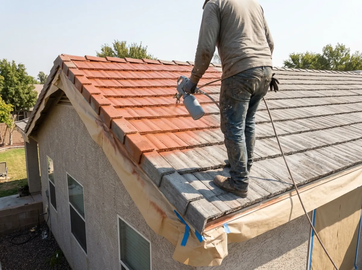 Roofer seen from behind spraying terracotta acrylic coating onto faded gray concrete roof tiles, half the slope already recolored