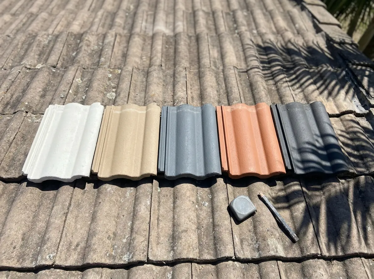 Several painted concrete roof tile samples in different colors laid out on an existing faded tile roof for comparison