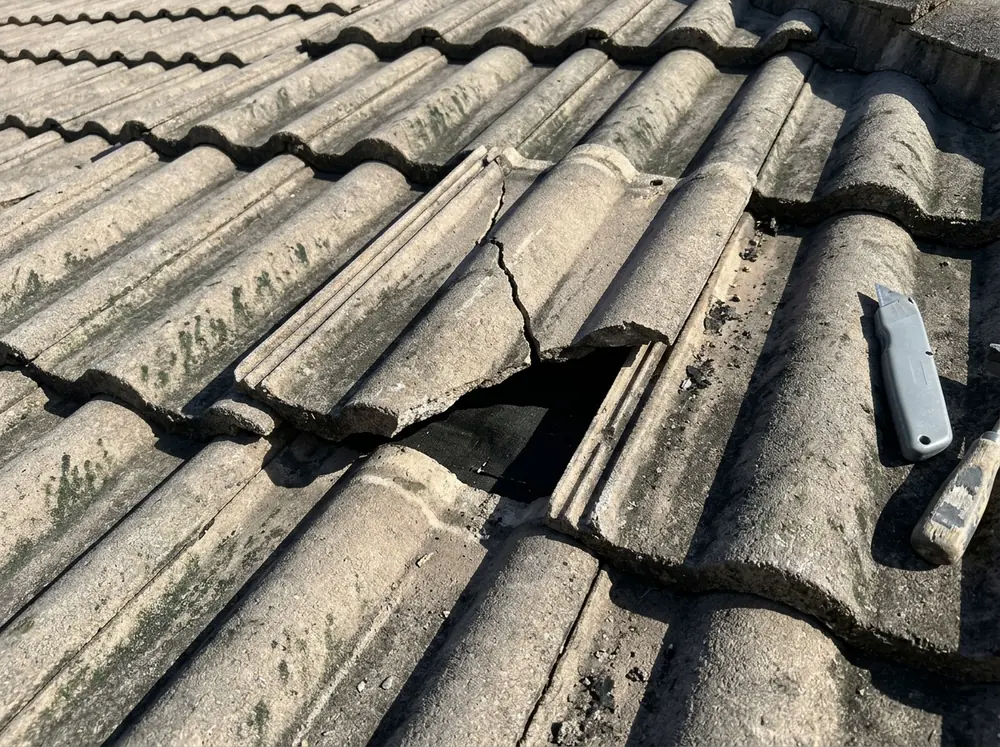 Close view of a cracked gray concrete S-tile with a missing corner on an otherwise intact roof