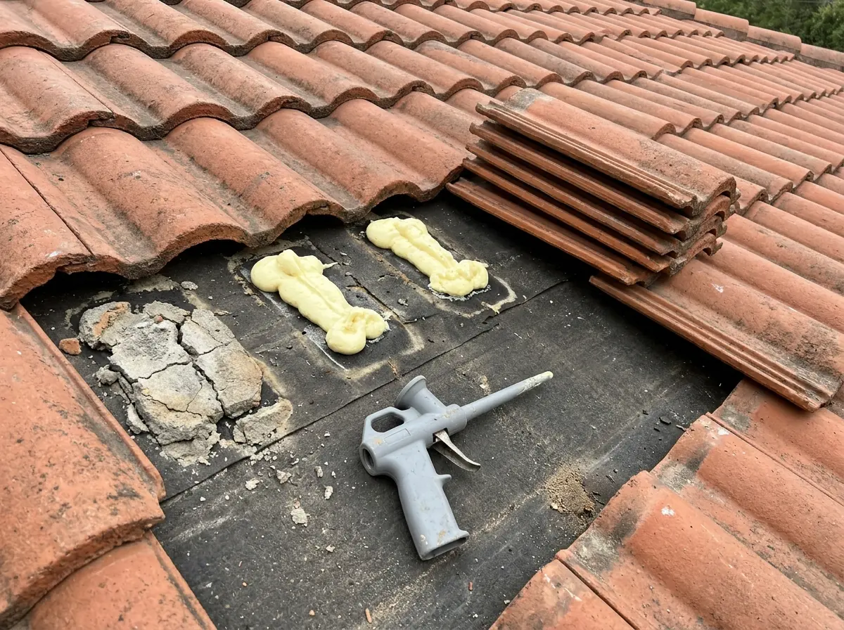 Roof tiles lifted to show old crumbling mortar pads and fresh foam adhesive paddies on black underlayment