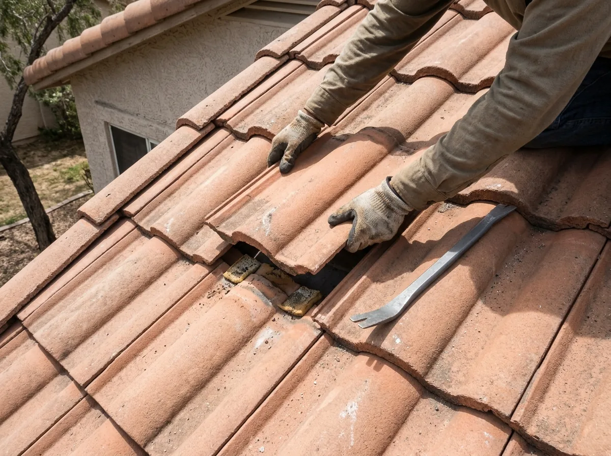 Roofer's gloved hands, seen from above, sliding a slipped terracotta S-tile back into its course on a single-story house