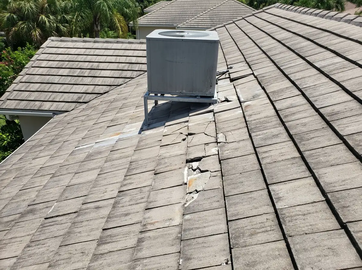 Cracked concrete roof tiles in a path beside a rooftop air-conditioning condenser on a flat-tile roof