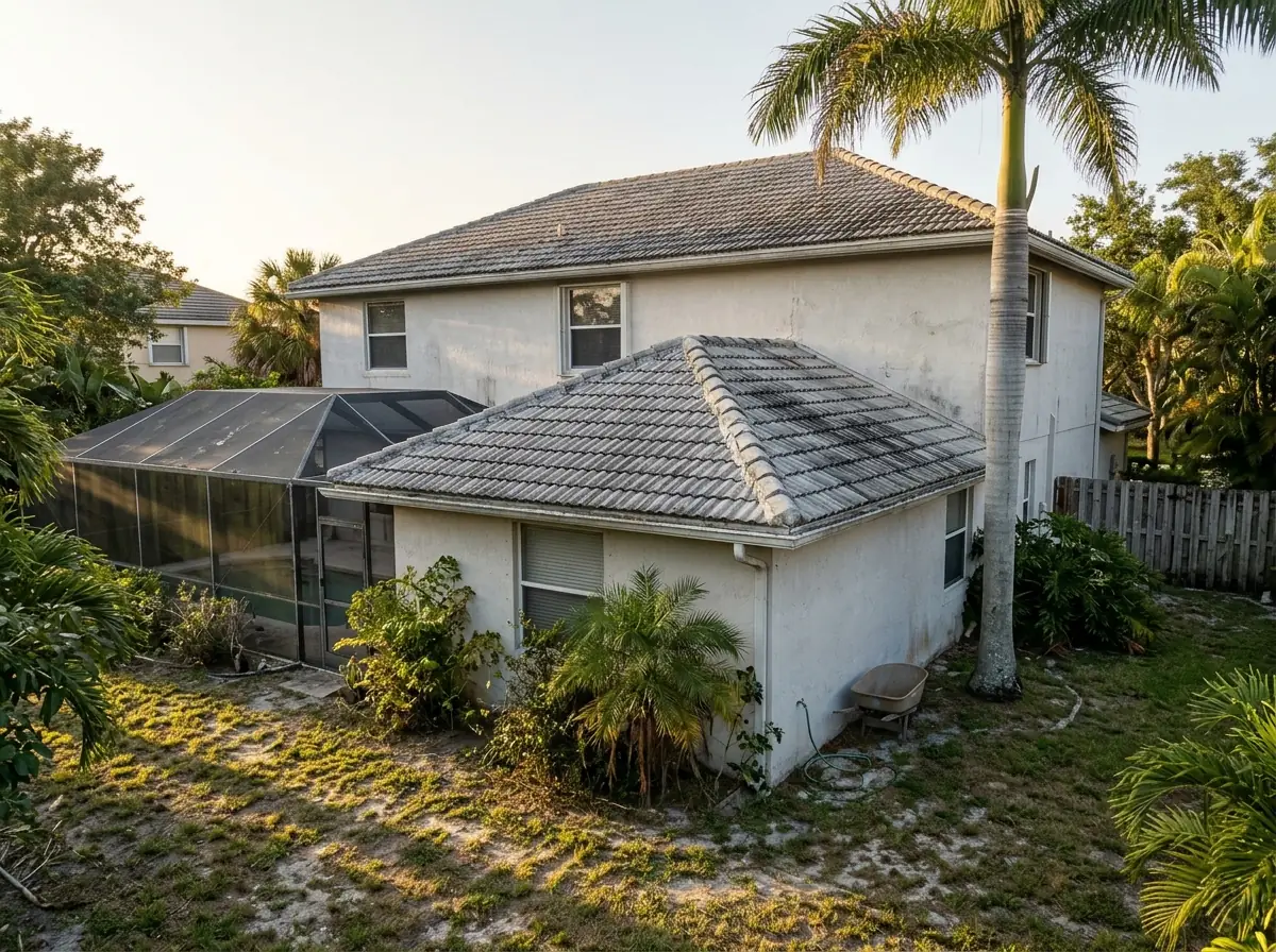 Aging concrete tile roof with faded, stained tiles and patched mortar on a two-story house with a screened pool cage