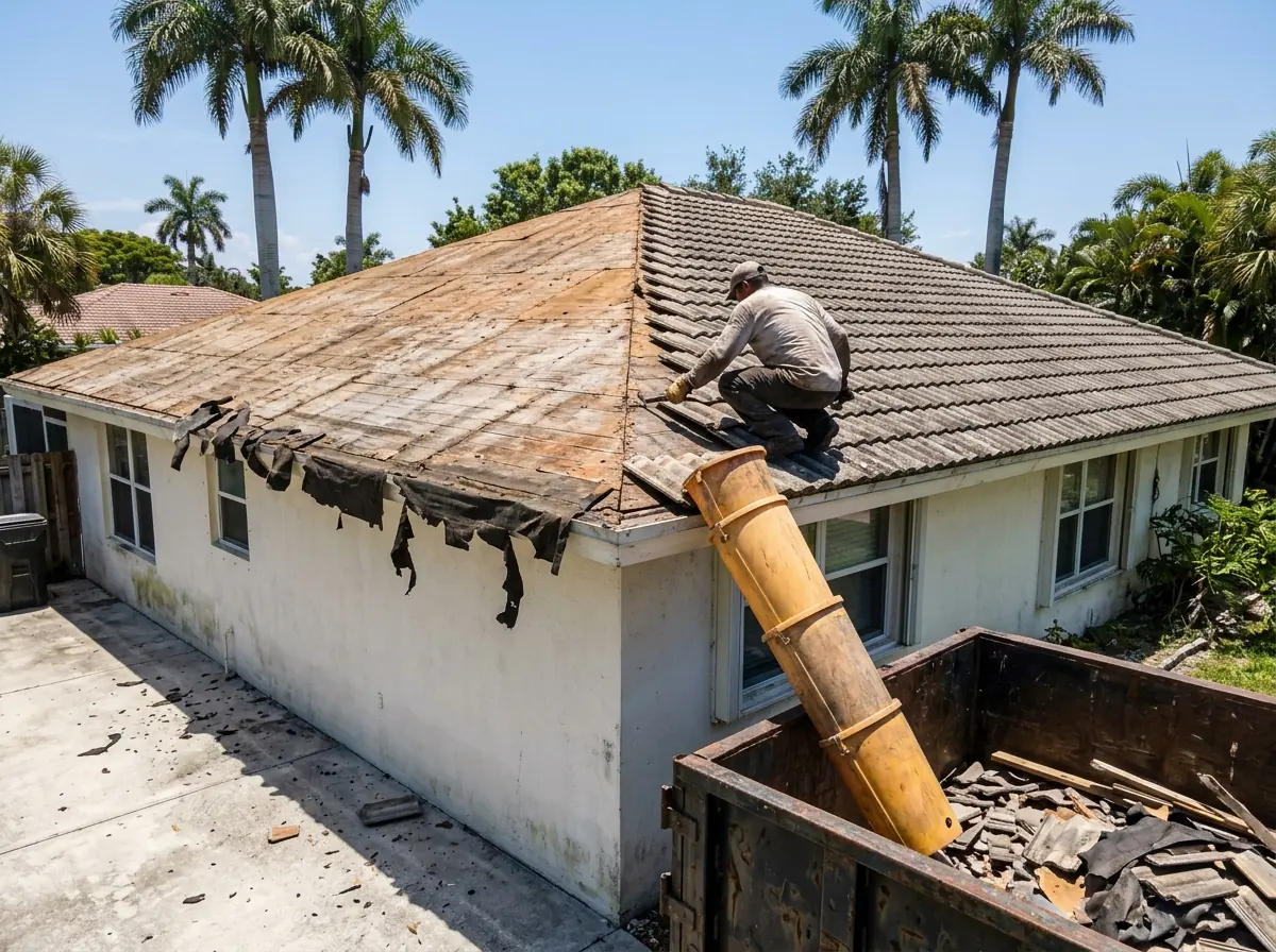 Concrete S-tile and old underlayment stripped down to bare plywood decking on one slope of a single-story stucco house, tile debris chute to a dumpster