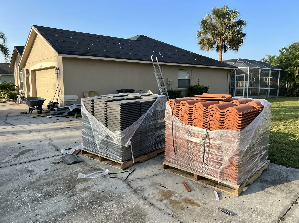 Pallets of new flat concrete tile and high-profile S-tile stacked on a driveway beside a stucco house with its old tile removed