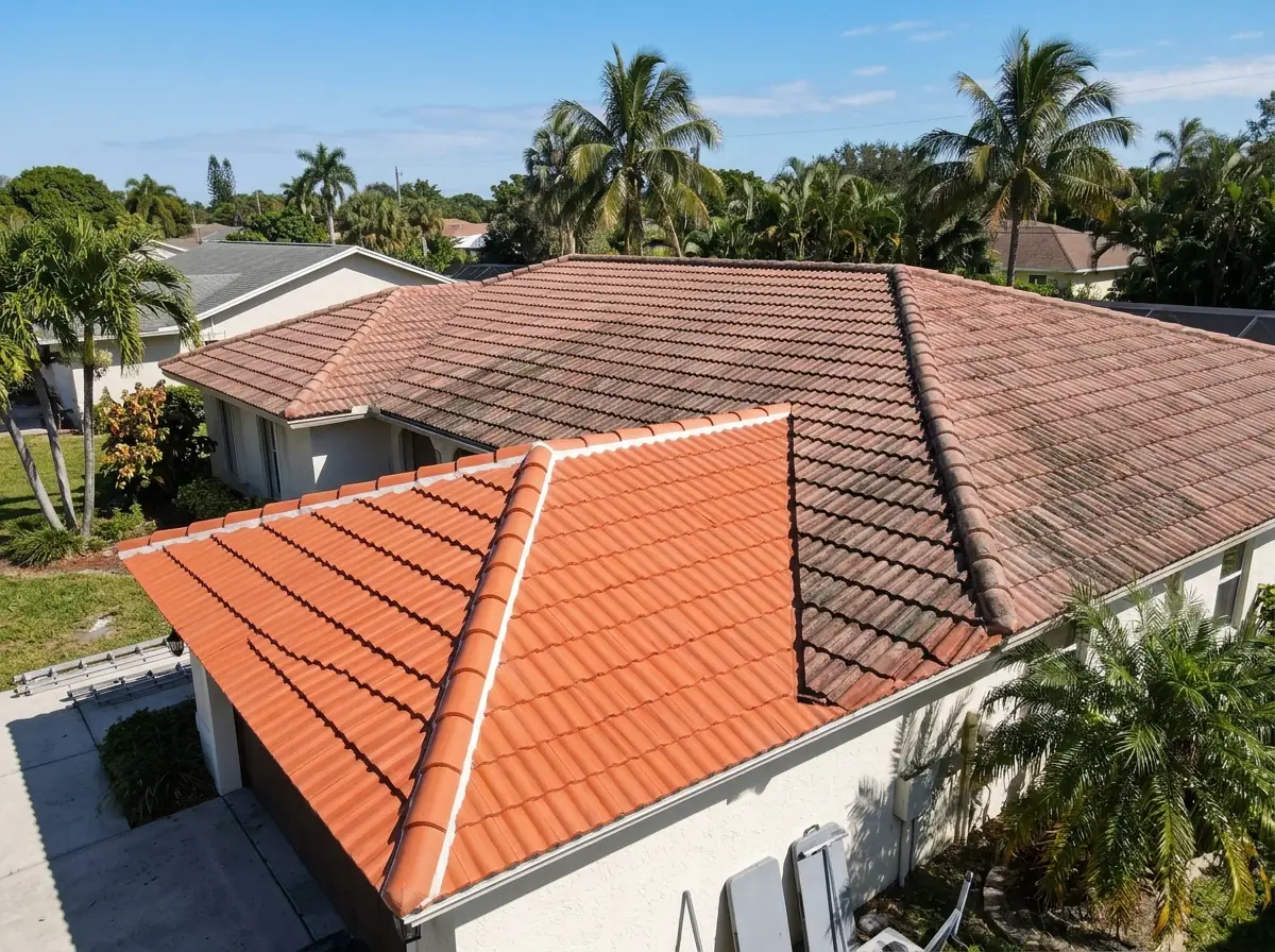 One wing of an L-shaped stucco house re-tiled in fresh terracotta S-tile next to an older, faded section of the same roof