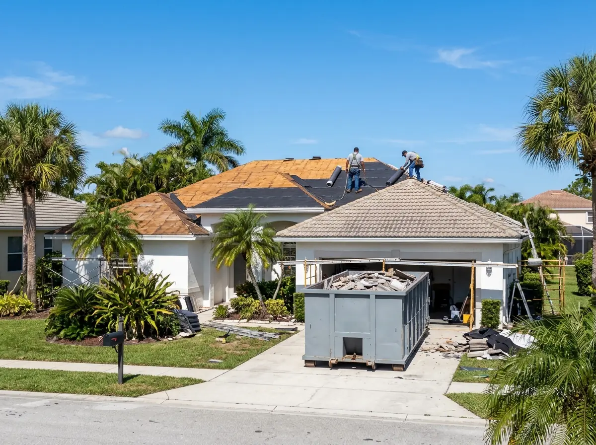 Old concrete roof tiles torn off half a Florida hip roof, new underlayment going down and debris in a dumpster below