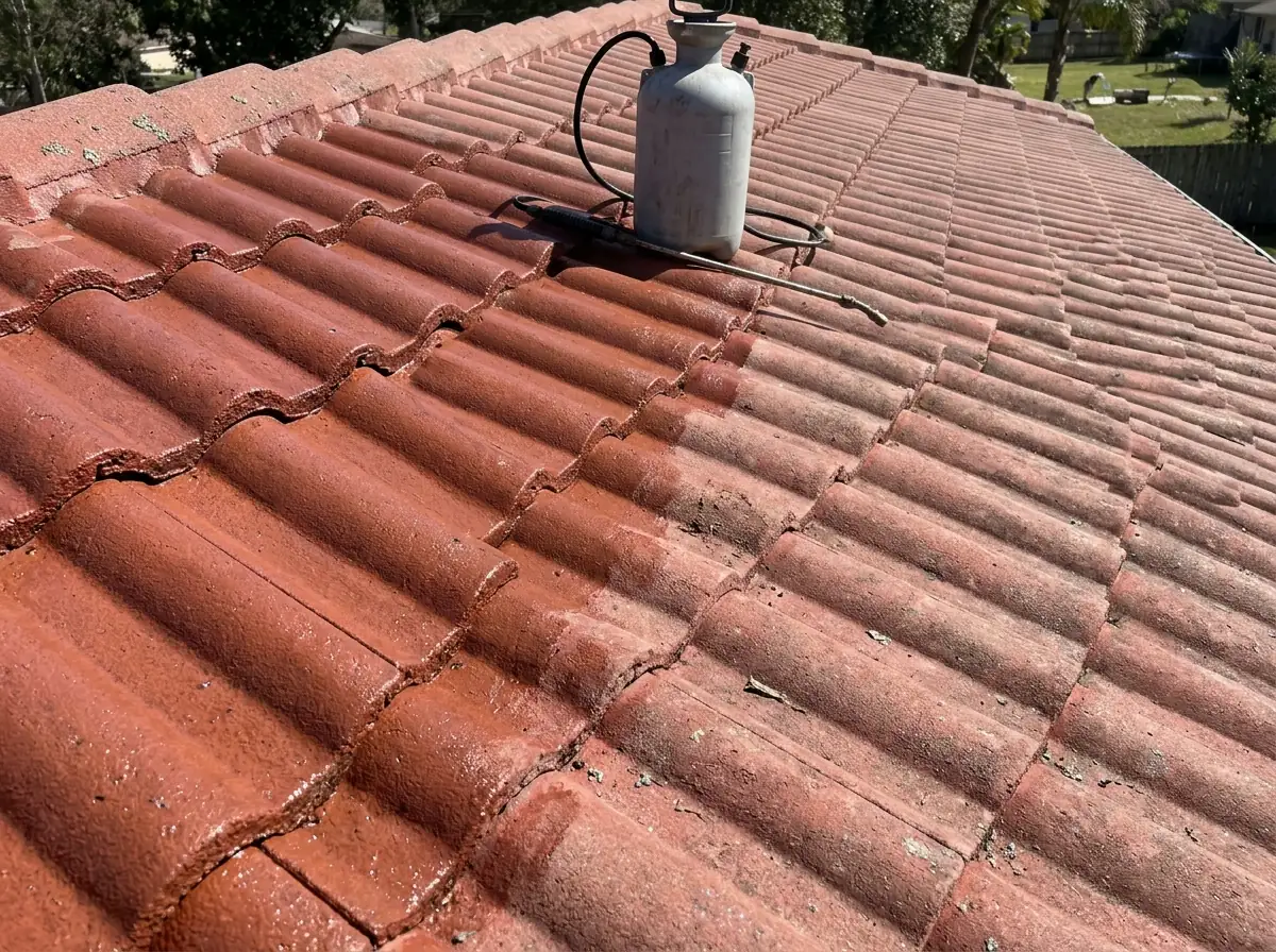 Freshly sealed section of a red concrete S-tile roof with a slight sheen next to an unsealed, duller section