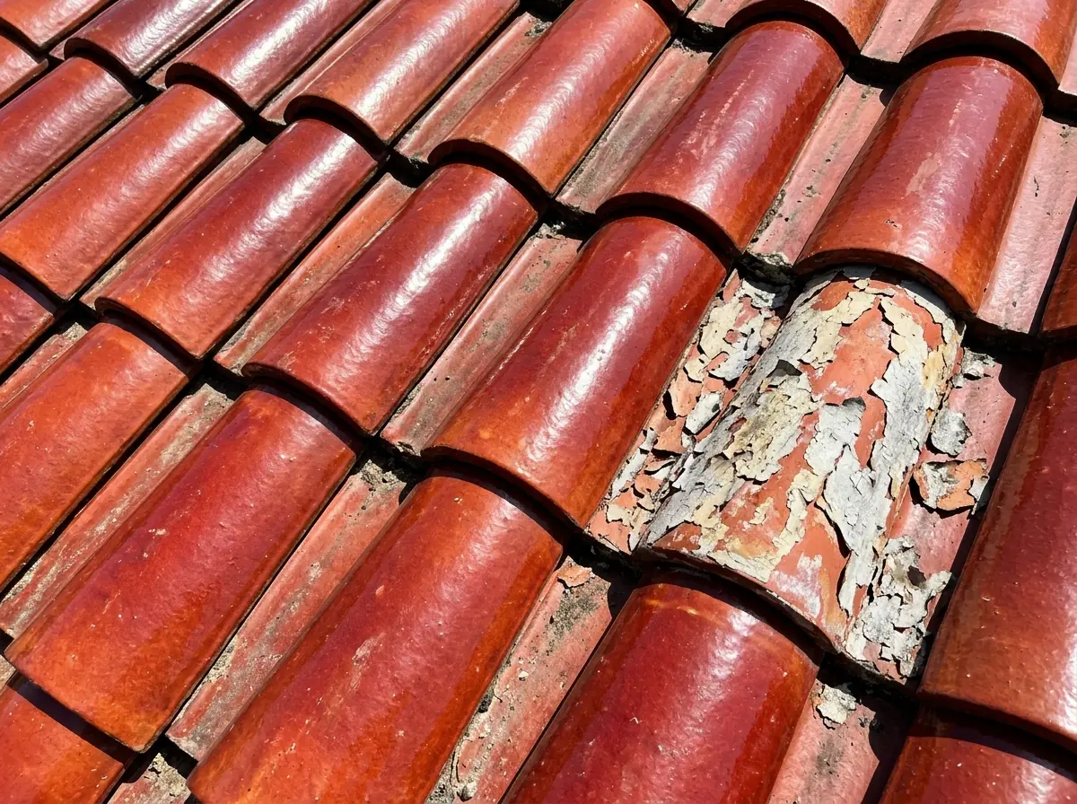 Glazed red clay barrel tiles with a natural glossy finish, beside a weathered patch showing peeling paint on clay