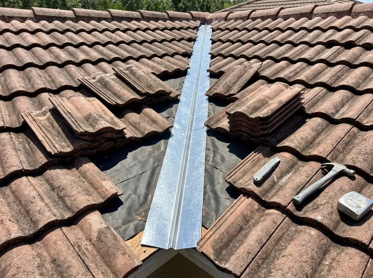 Tiles lifted along a roof valley to expose new metal valley flashing during a leak repair