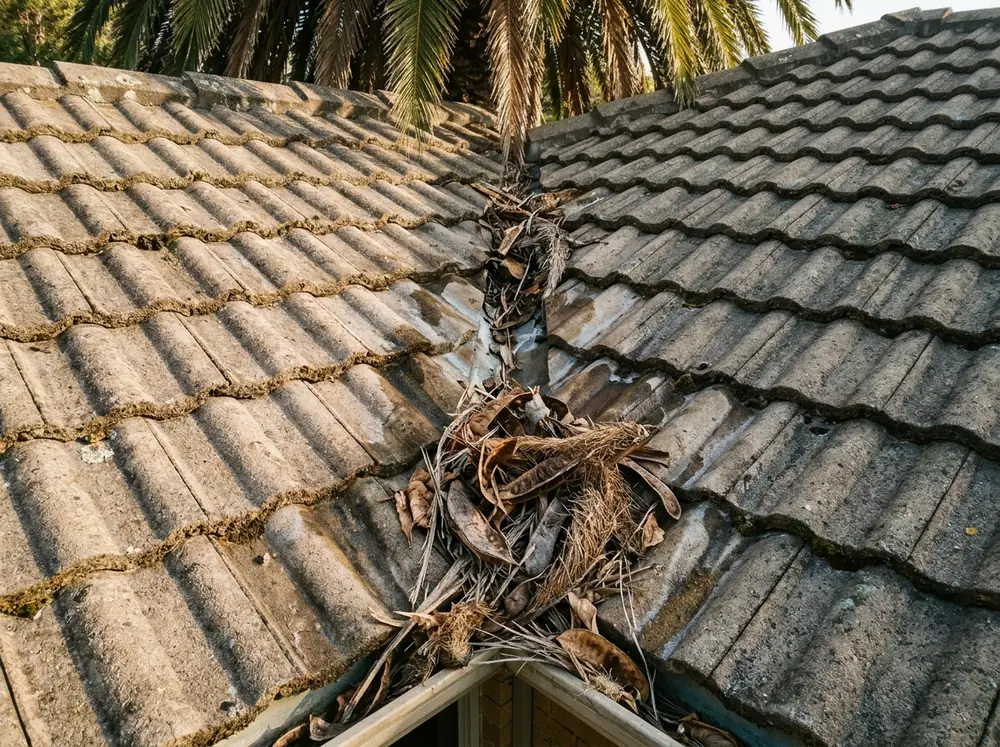 Roof valley between two concrete tile slopes packed with dry palm fronds and leaves near the eave