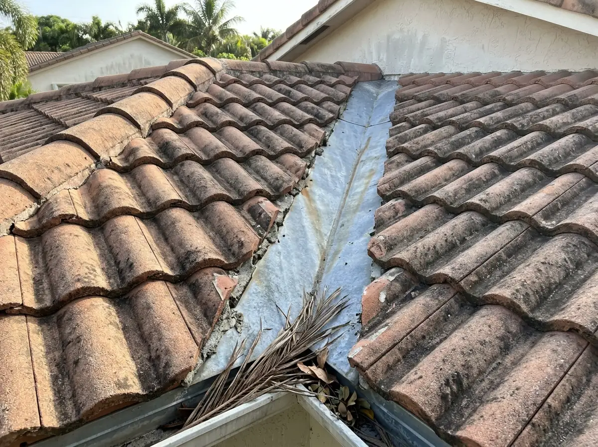 Open metal valley running between two slopes of terracotta S-tile on a single-story stucco house