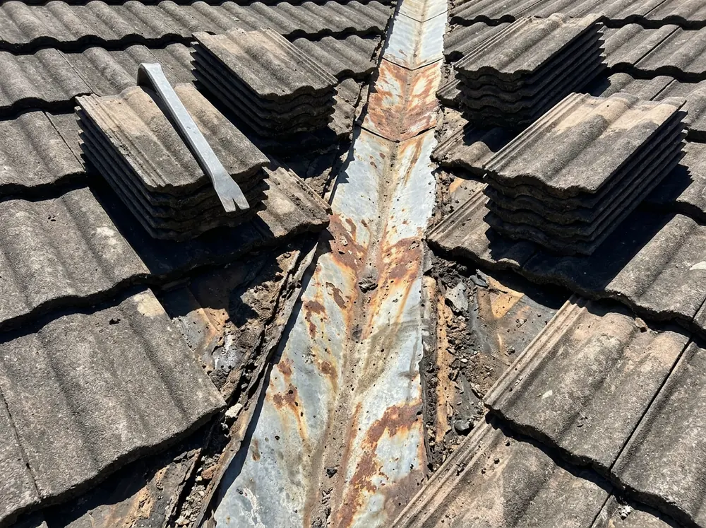 Rust-stained valley metal exposed after concrete tiles were lifted from both sides of a roof valley