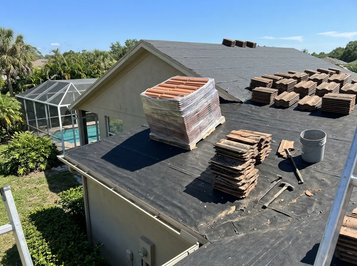 Pallet of matching new concrete S-tiles on the roof next to a short stack of cracked tiles set aside during a relay