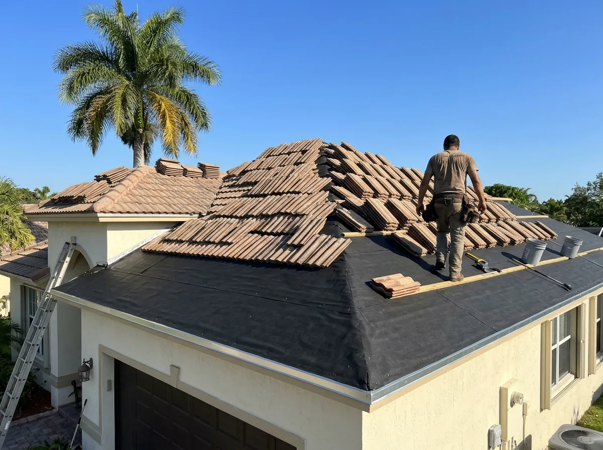 Concrete S-tiles lifted and stacked in neat rows along the ridge while new black underlayment covers the lower half of the roof