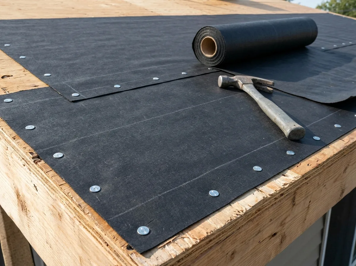 Base sheet nailed to plywood decking with round metal tin caps in rows, a roll of underlayment beside it