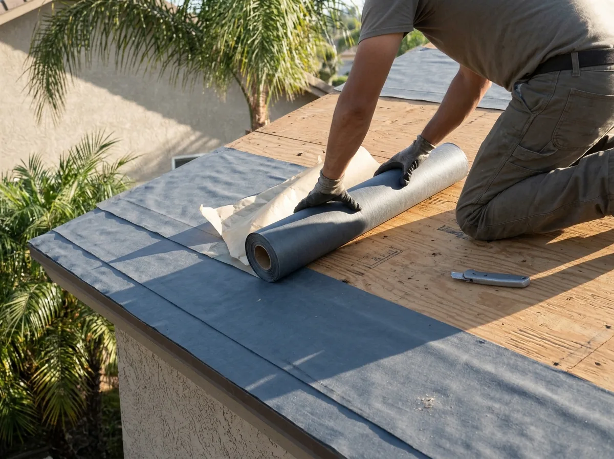 Roofer seen from behind rolling out a peel-and-stick underlayment membrane across bare plywood on a tile roof